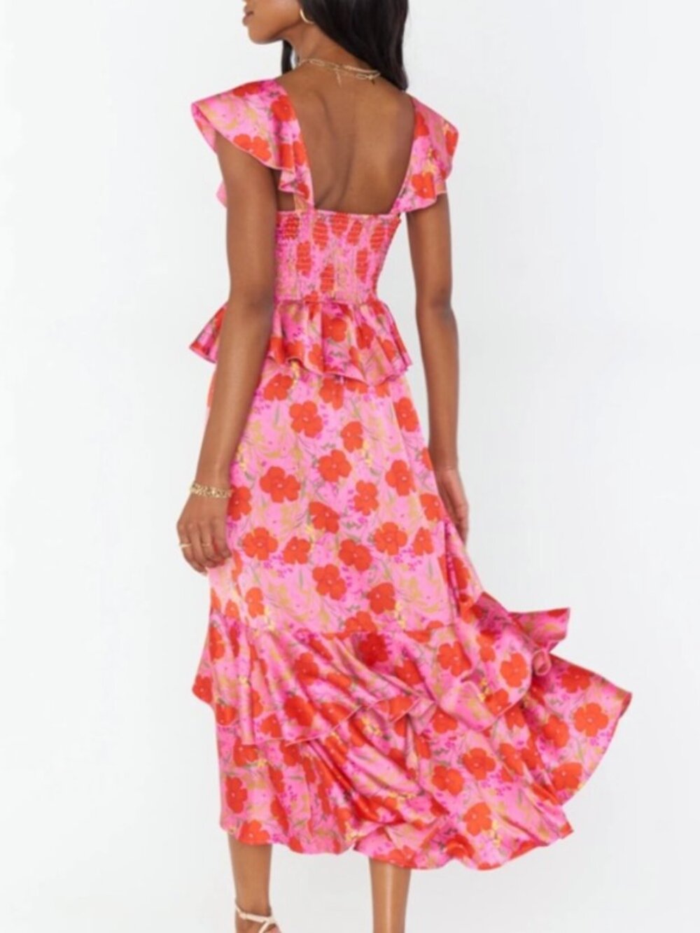Show Me Your MuMu Pink + Red Floral Ruffle Midi Dress - Picture 10 of 12